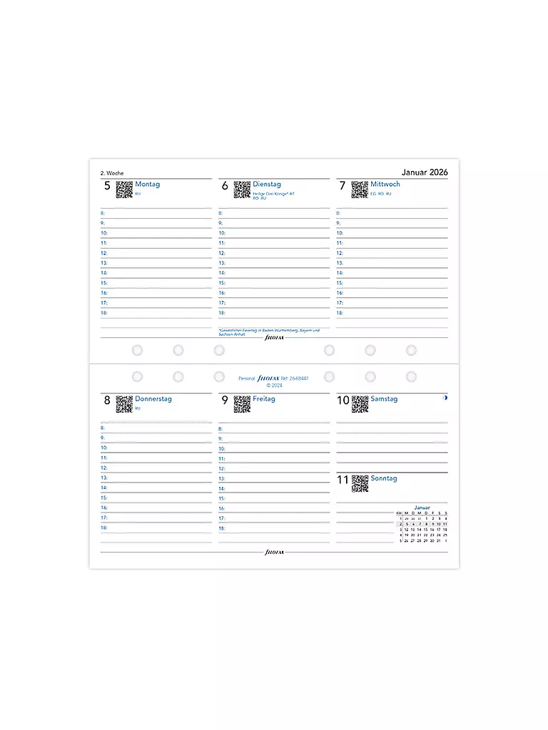 FILOFAX | Recharge d'agenda Semaine Allemand Personal 2026 | Blanc