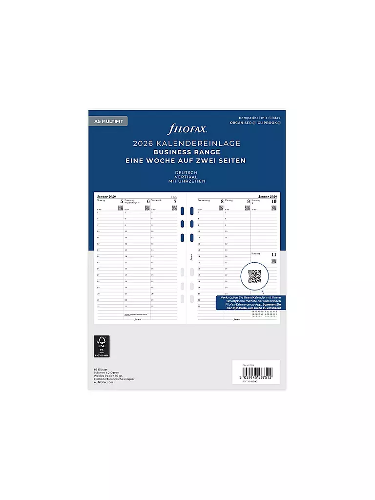 FILOFAX | Recharge de calendrier semaine allemand A5 Multifit 2026 | weiss