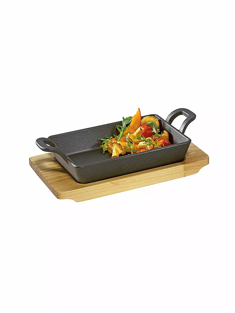 KÜCHENPROFI | Poêle de service rectangulaire avec planche en bois 21,5x12,5cm | schwarz