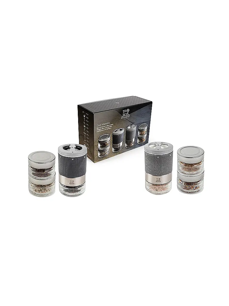 PEUGEOT | Coffret cadeau MAESTRO DUO Moulin à poivre Moulin à sel 15cm Pots à épices interchangeables Noir, Gris | Gris