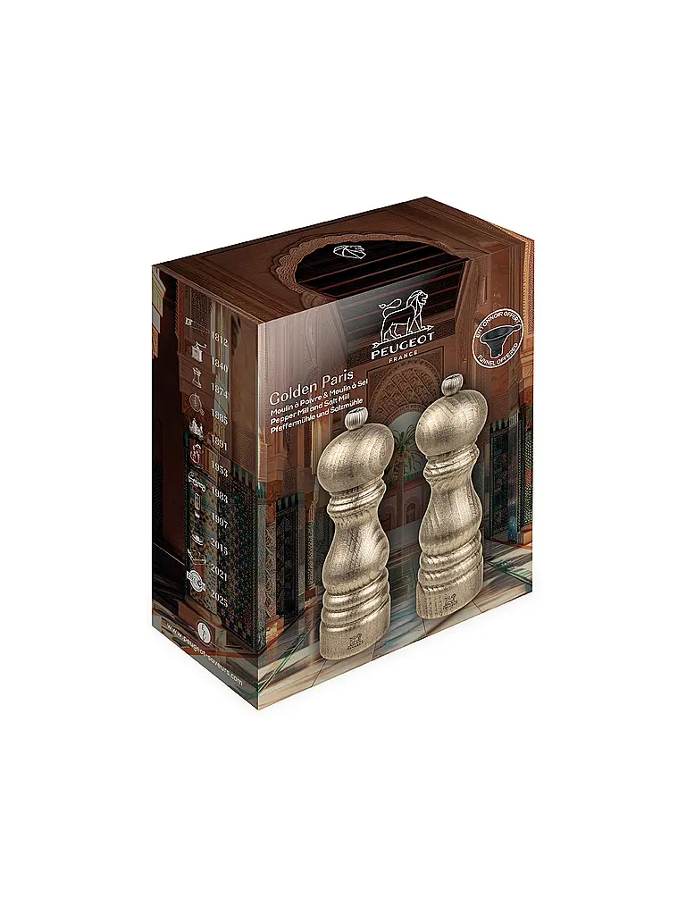 PEUGEOT | Set de moulins à sel et poivre GOLDEN PARIS 18cm en bois de hêtre doré | 