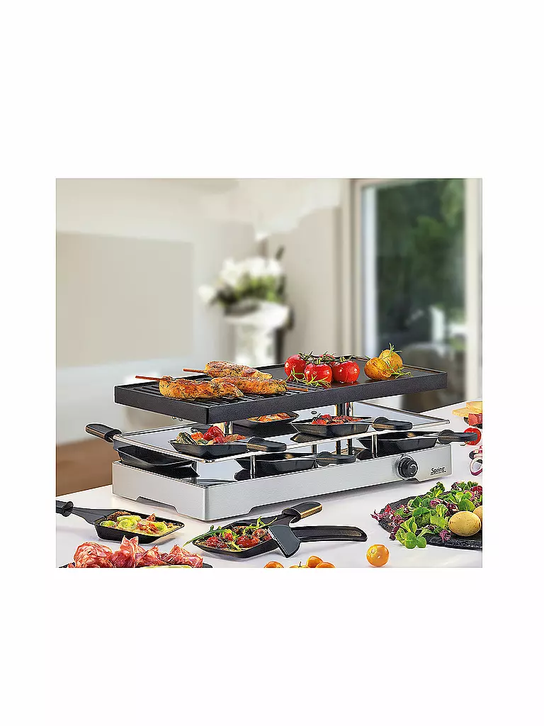 SPRING | RACLETTE8 CLASSIC DUO - Raclette avec plaque de grill en aluminium + pierre à griller en granit | Argent
