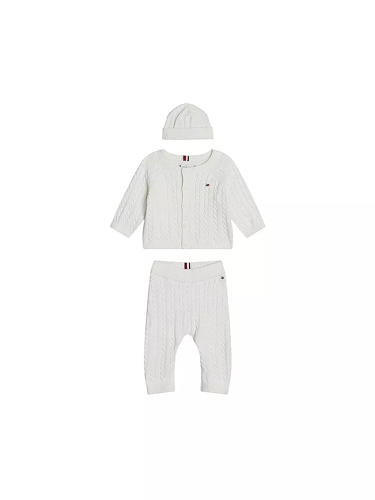 TOMMY HILFIGER | Ensemble bébé 3 pièces : cardigan, bonnet et pantalon en tricot | Crème