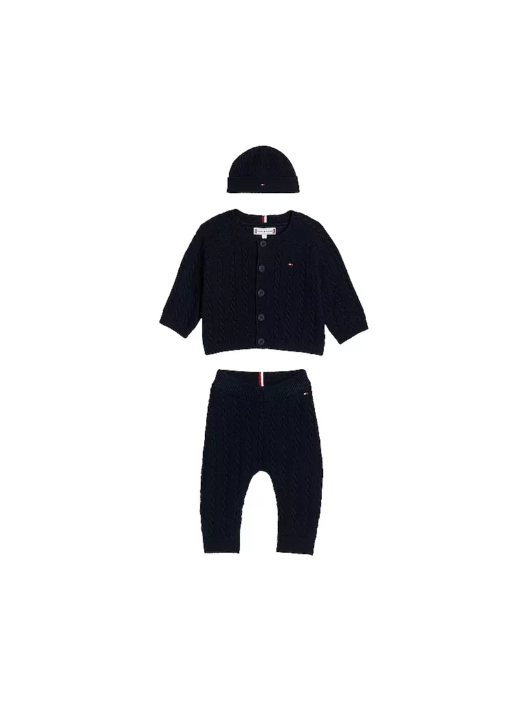 TOMMY HILFIGER | Ensemble bébé 3 pièces cardigan, bonnet et pantalon en tricot | Bleu foncé