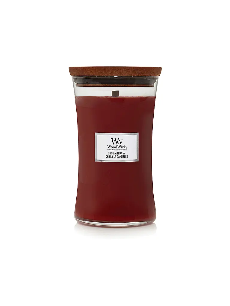 WOODWICK | Bougie sablier à mèche crépitante 610g Large Cinnamon Chai | Rouge foncé