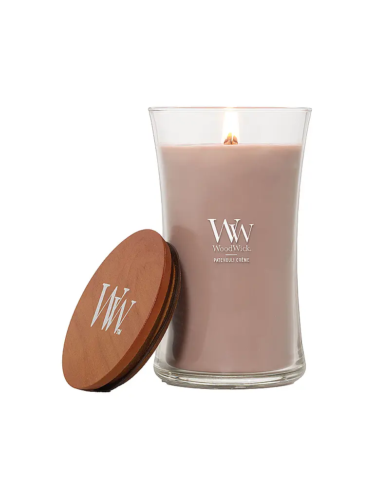 WOODWICK | Sanduhrkerze Knisterdocht 610g Large Patchouli Creme | Beige